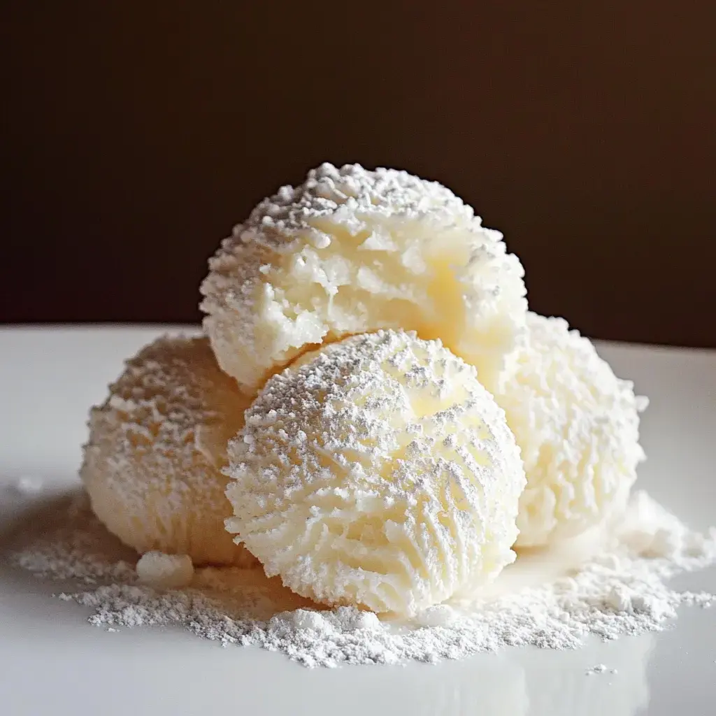 Three powdered cookie balls stacked on a plate with sugar sprinkled around.