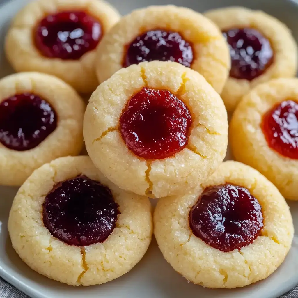 Golden thumbprint cookies topped with glossy red fruit jam.