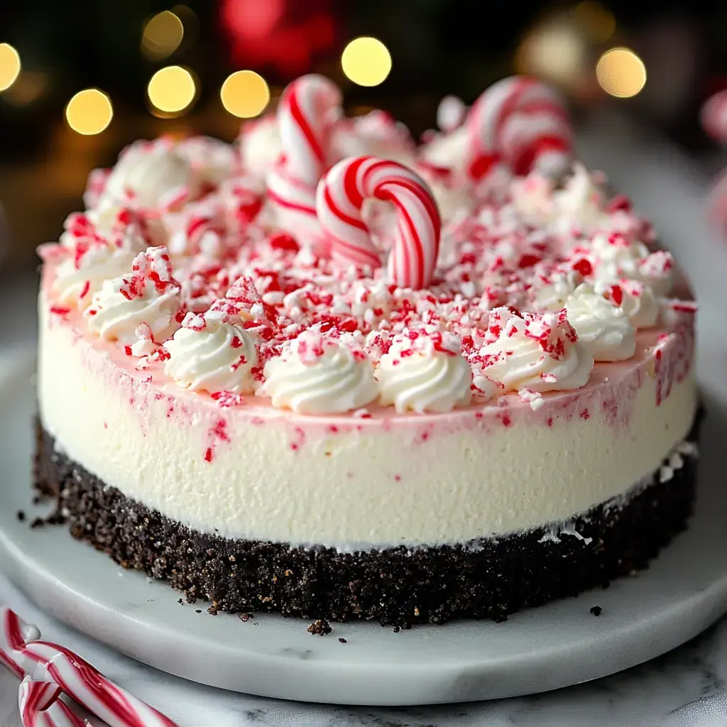 A holiday-inspired dessert with whipped topping, mint candies, and chocolate on a dark crust.