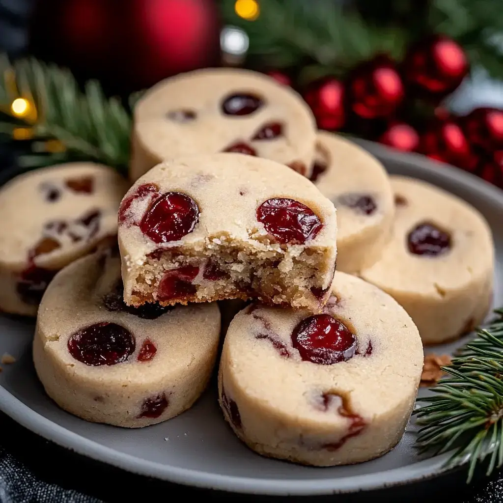 Buttery cookies sliced to show juicy red cherries and fine nuts, placed beside festive decorations.