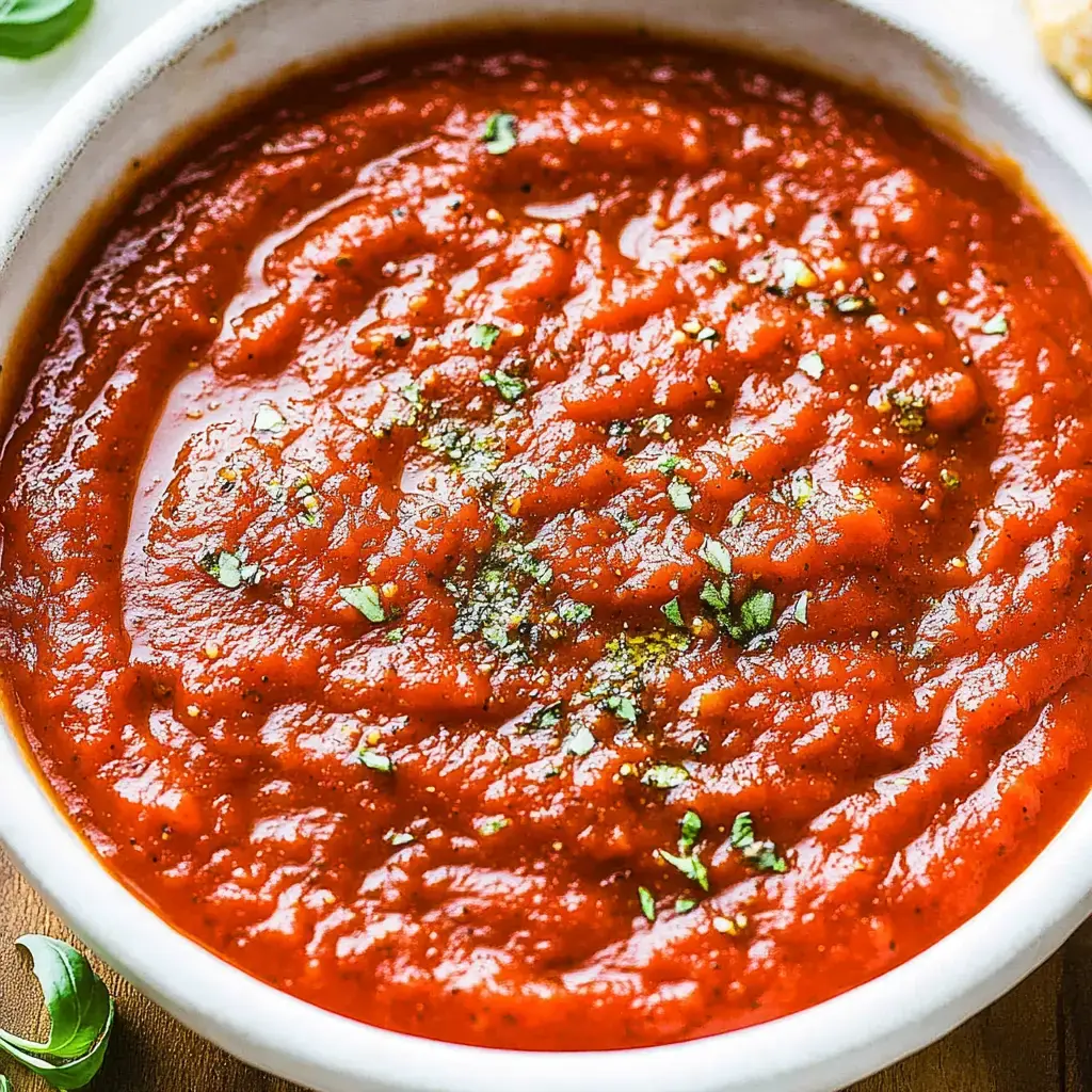 A bowl of bright tomato sauce garnished with fresh herbs and spices.