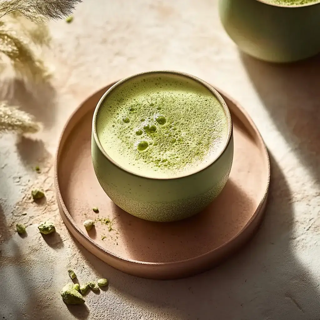 A textured cup filled with frothy matcha latte, served on a dish with tea powder sprinkled nearby.