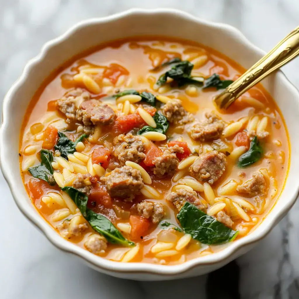 A delicious bowl of orzo pasta soup with sausage, fresh spinach, and a tomato-based creamy broth, served with a golden spoon.
