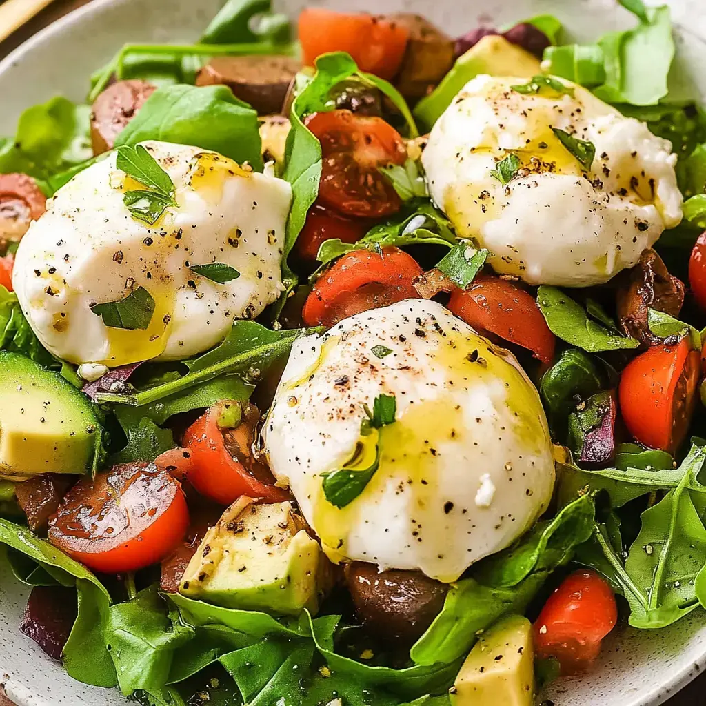 A colorful salad with greens, tomatoes, olives, avocado, and three soft-poached eggs drizzled in olive oil with a sprinkle of herbs and pepper.