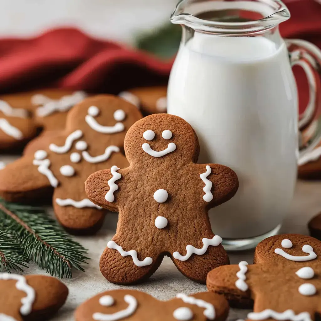 A festive plate of soft gingerbread cookies sits next to milk, ready for the holiday season.
