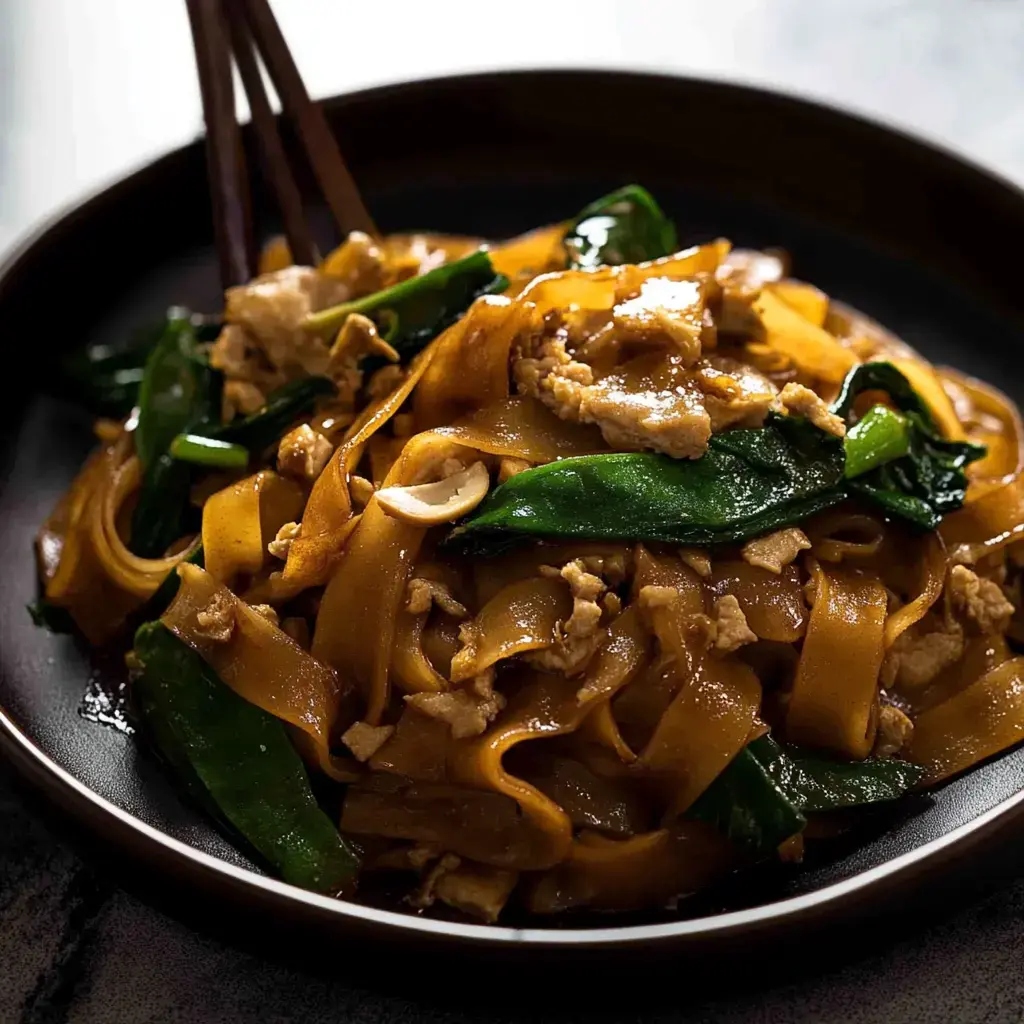 A plate piled with glossy noodles, tender chicken, and Chinese greens served alongside chopsticks.