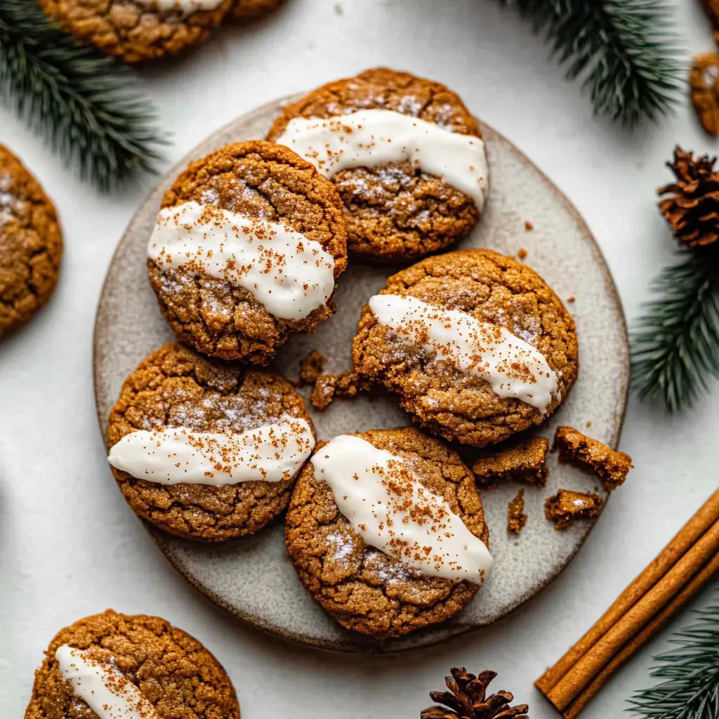 A plate of spiced cookies dipped in creamy white chocolate, sprinkled with cinnamon, surrounded by sprigs of pine and sticks of cinnamon.