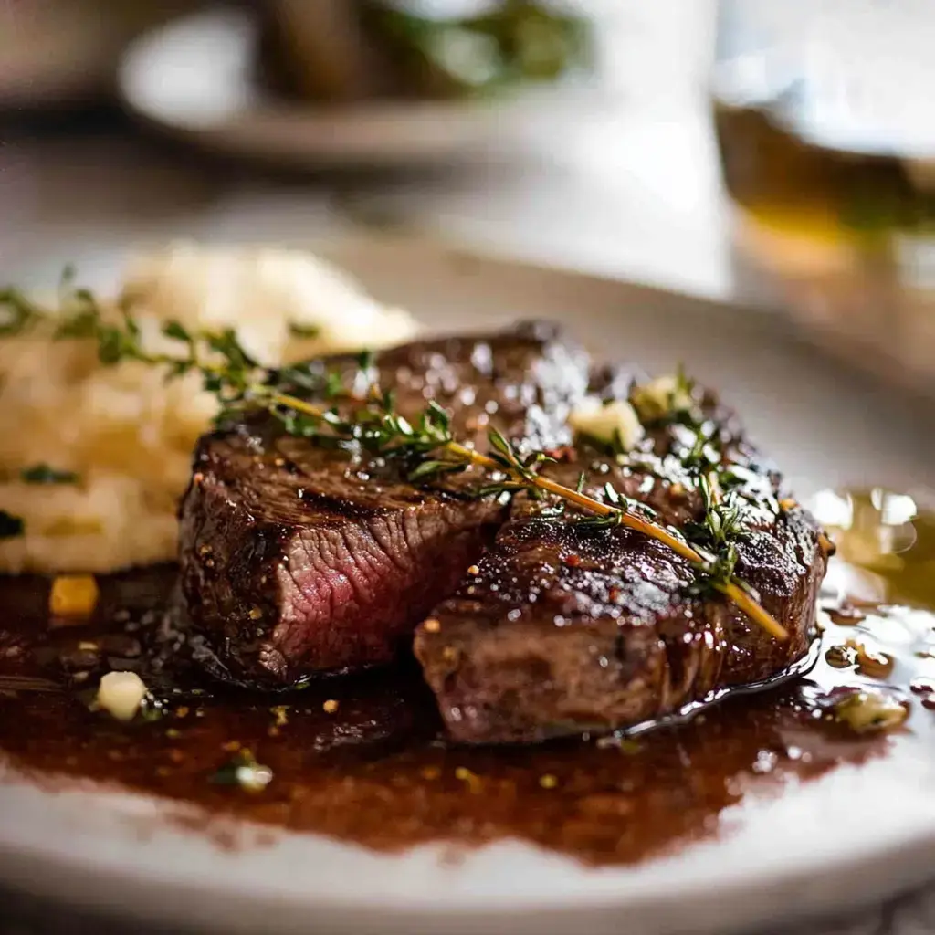 Juicy steak topped with thyme, paired with mashed potatoes on a white dinner plate.