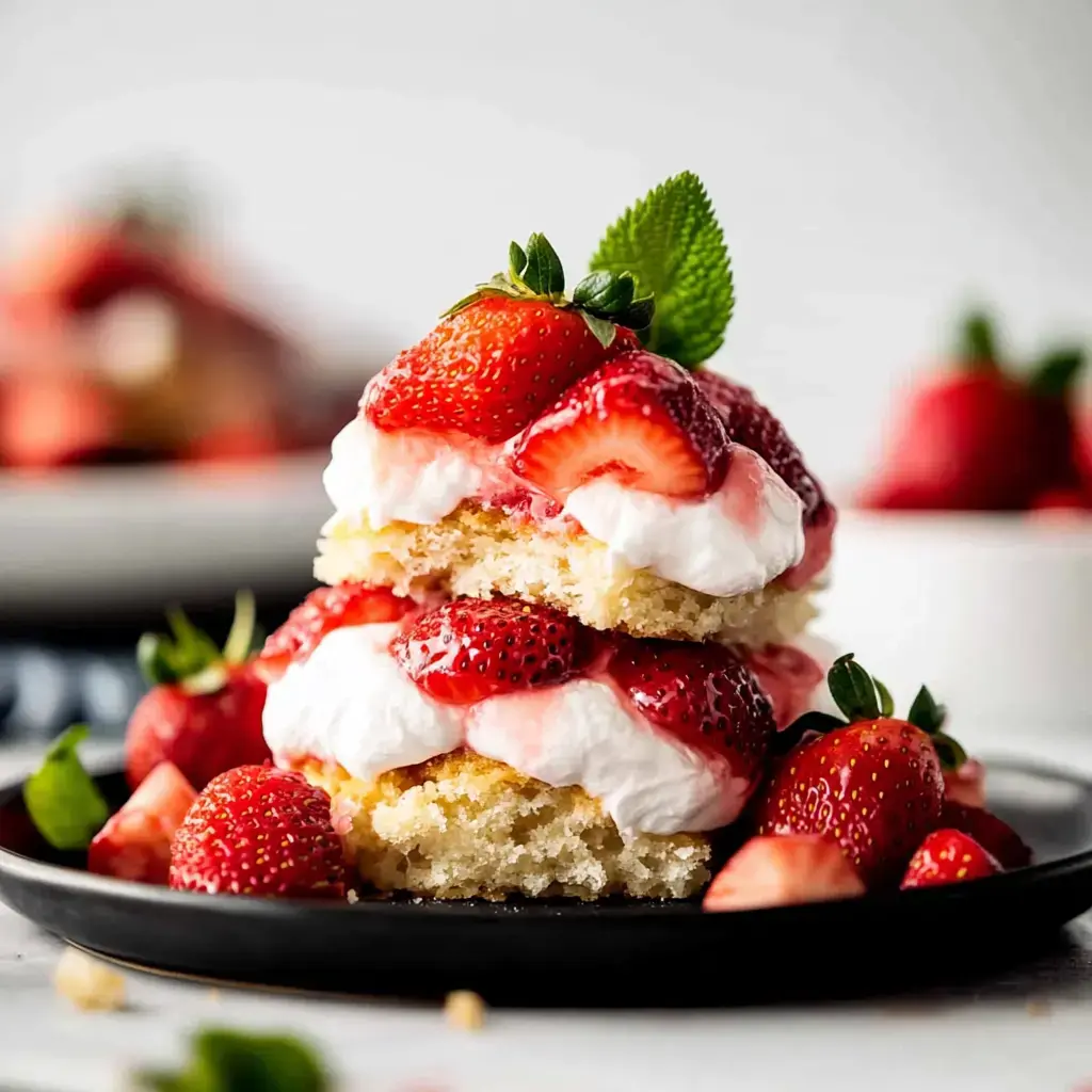 A black plate holding a dessert layered with fluffy cream, strawberries, and vanilla sponge, topped with a mint sprig.