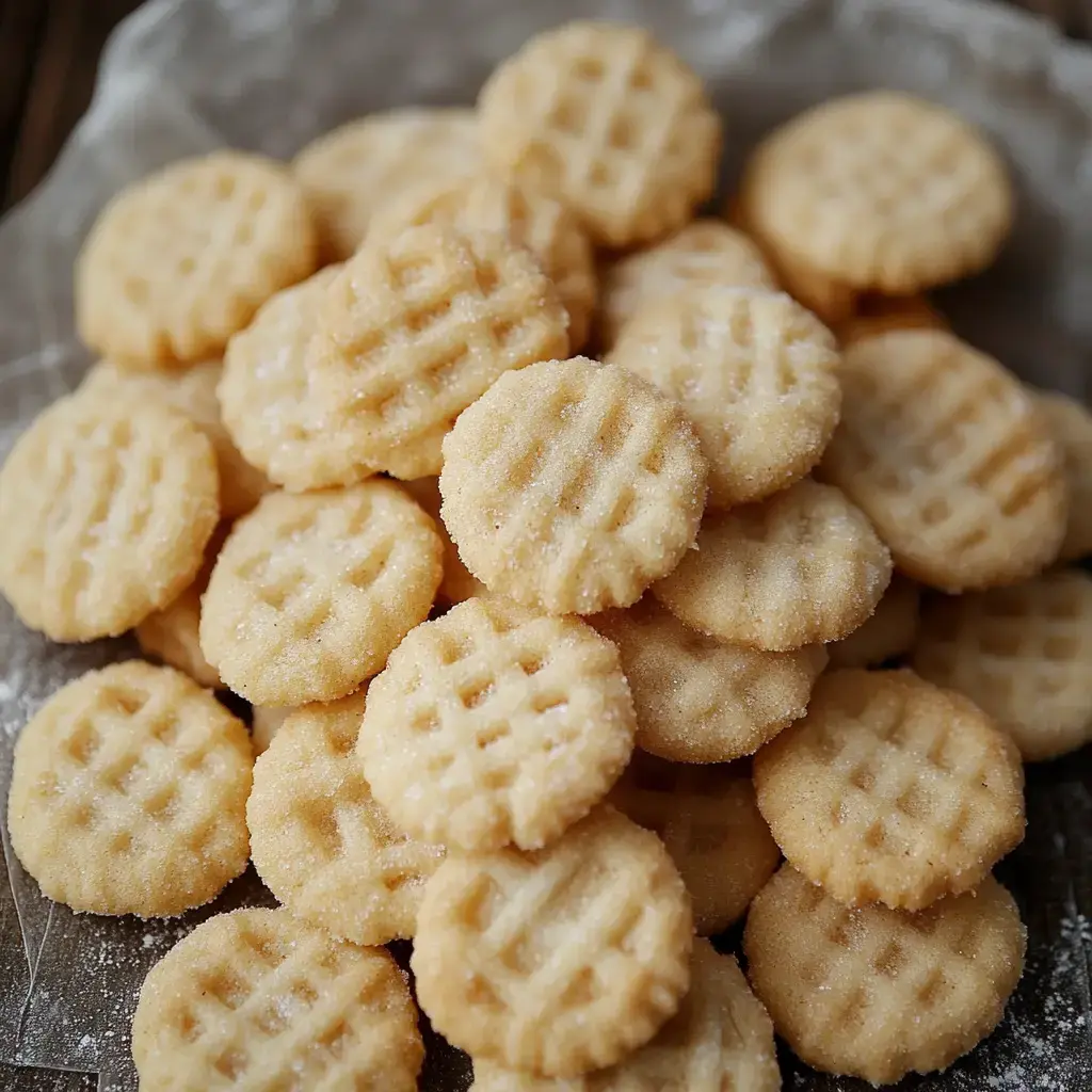 A close-up shot of small, round cookies dusted with sugar and a pretty, textured surface.