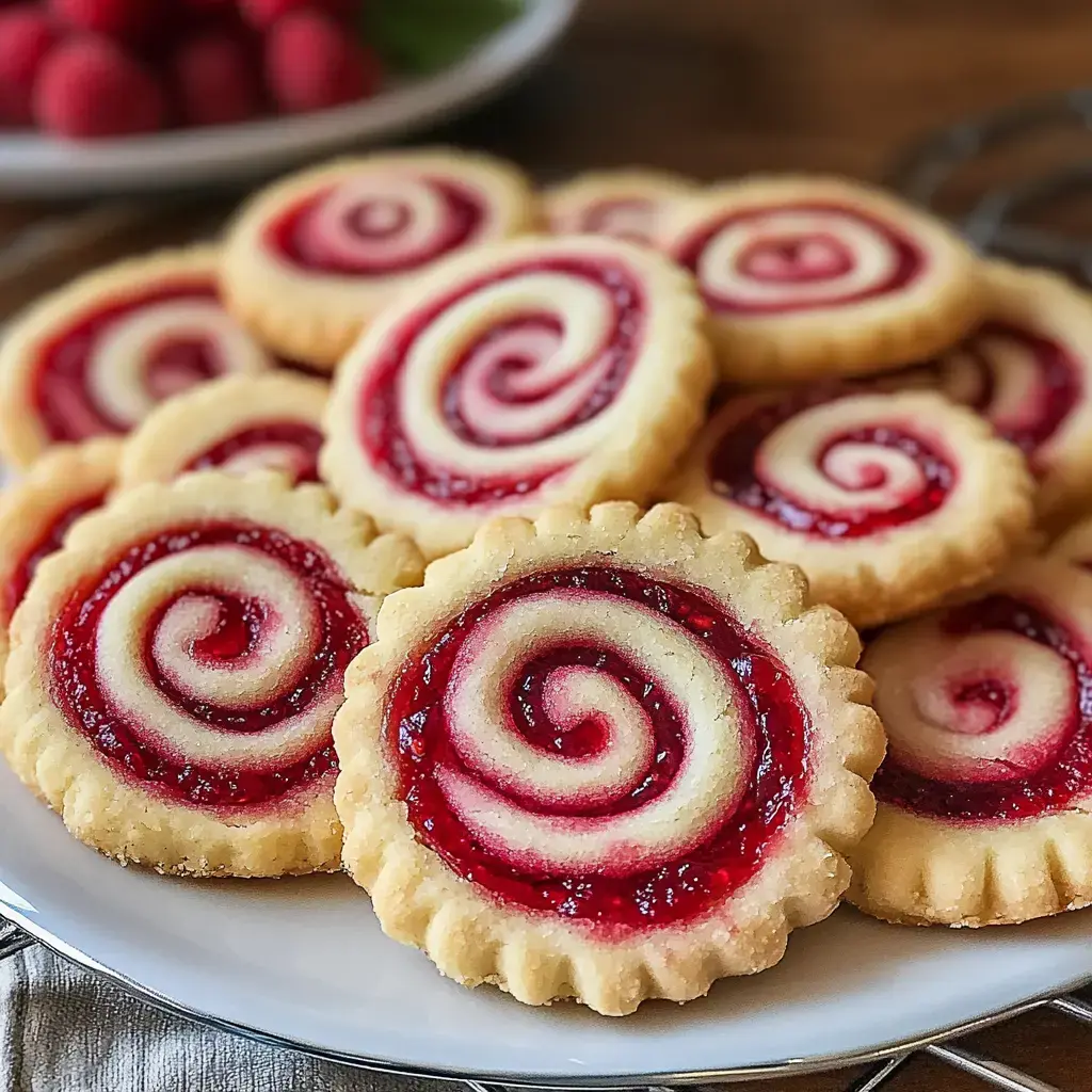 Some spiral cookies filled with red jam beside fresh raspberries on a plate.