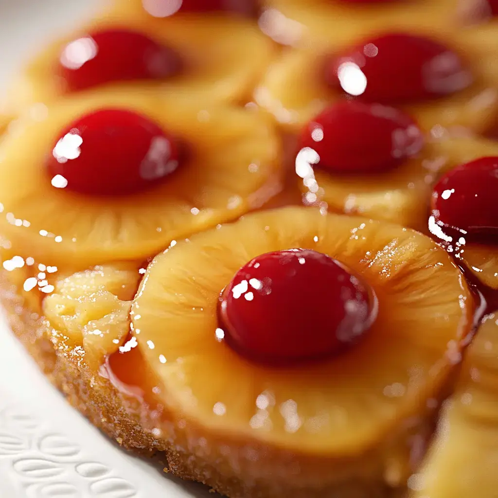 Close shot of a pineapple cake with glossy cherry accents and golden glaze.