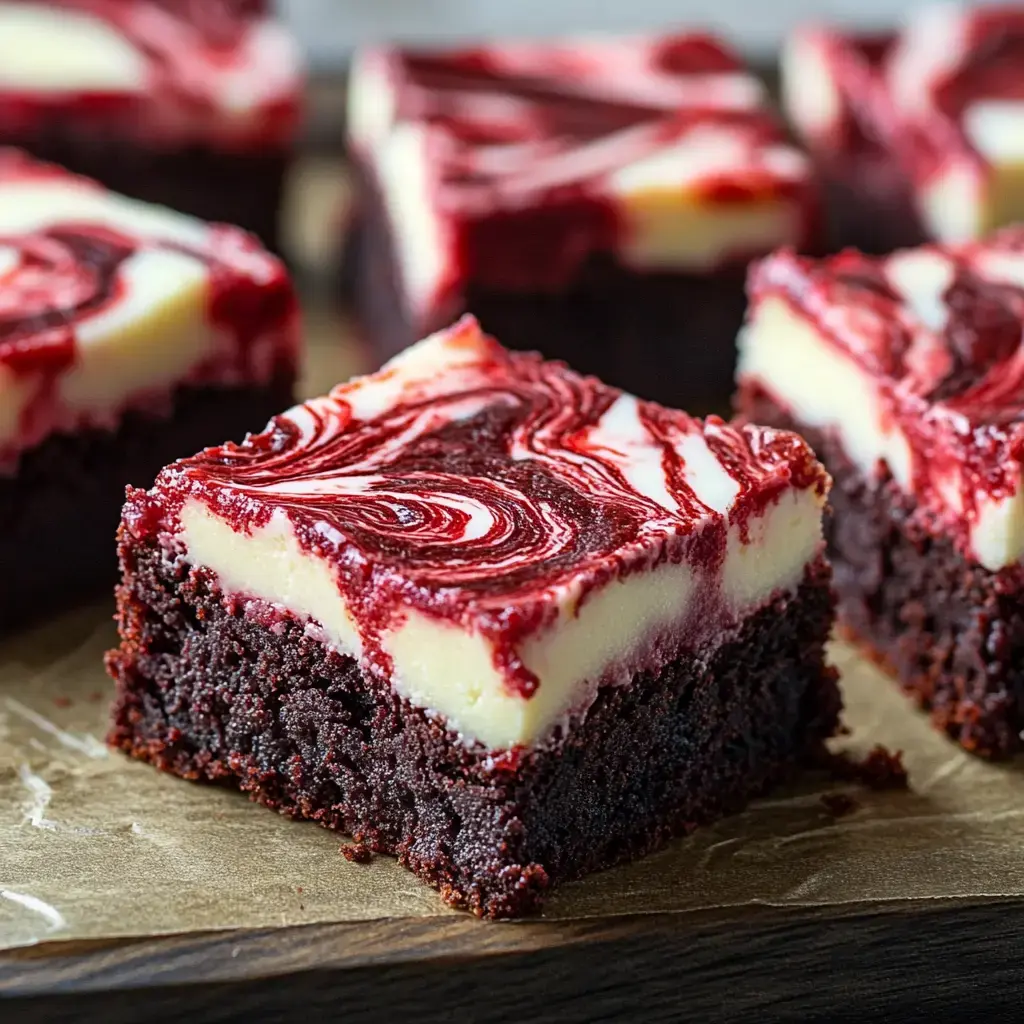 A slice of velvet brownie swirled with cheesecake on a wooden table.