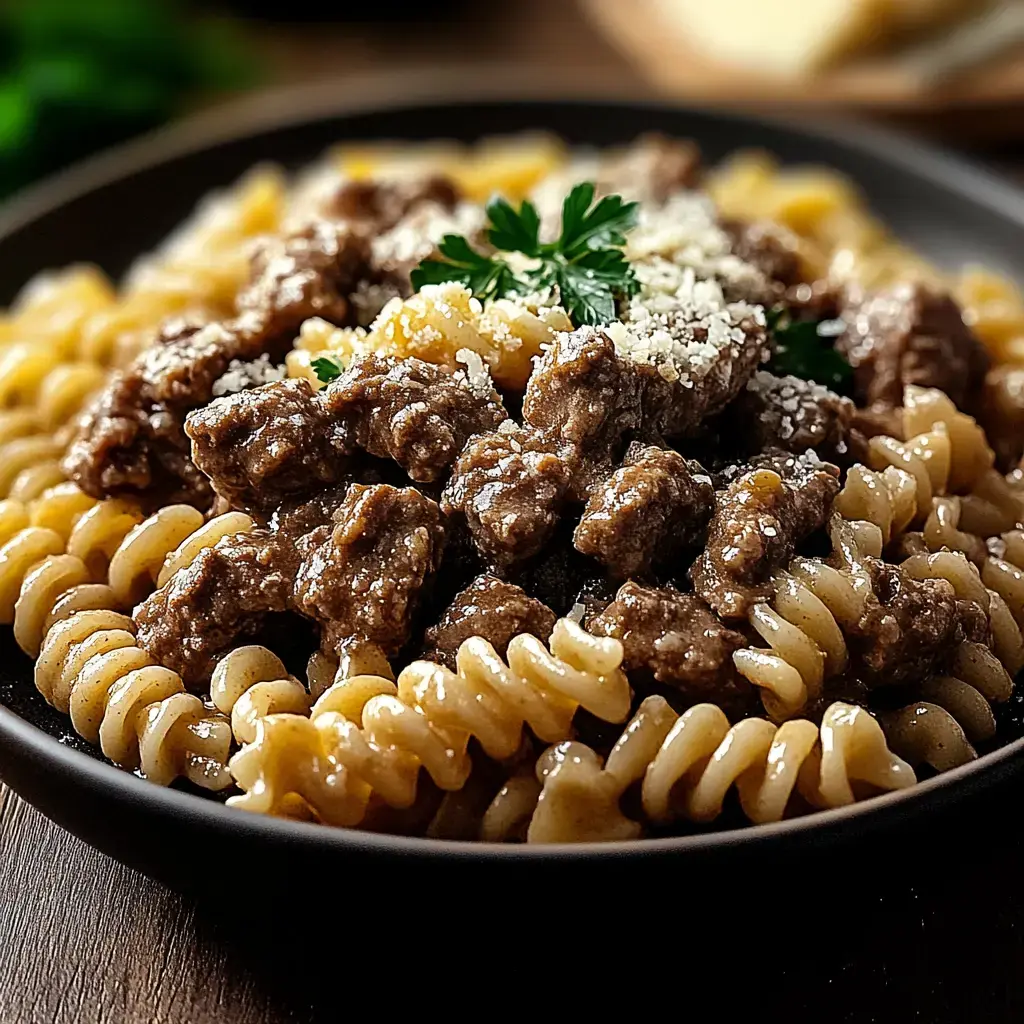 A bowl of rotini pasta with creamy meat sauce, topped with parsley and grated cheese.