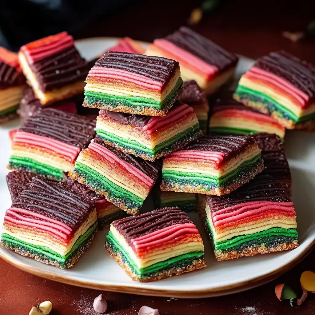 Plate of colorful stripe-layered cookies with red, yellow, green beneath seamless chocolate tops.