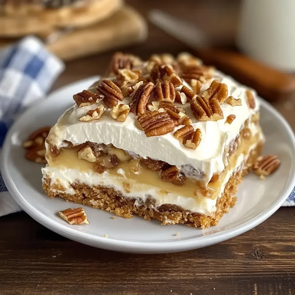 A dessert slice with layers of pecans, creamy filling, and caramel on a plate, made with a graham cracker base.
