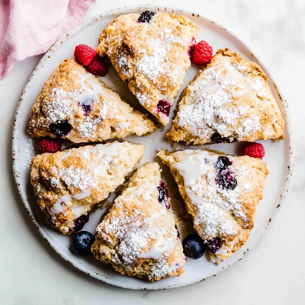 Freshly baked scones dusted with powdered sugar, served with berries for garnish.