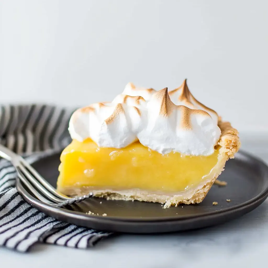 A golden lemon meringue slice on a dark dish with a striped napkin and utensil on the side.