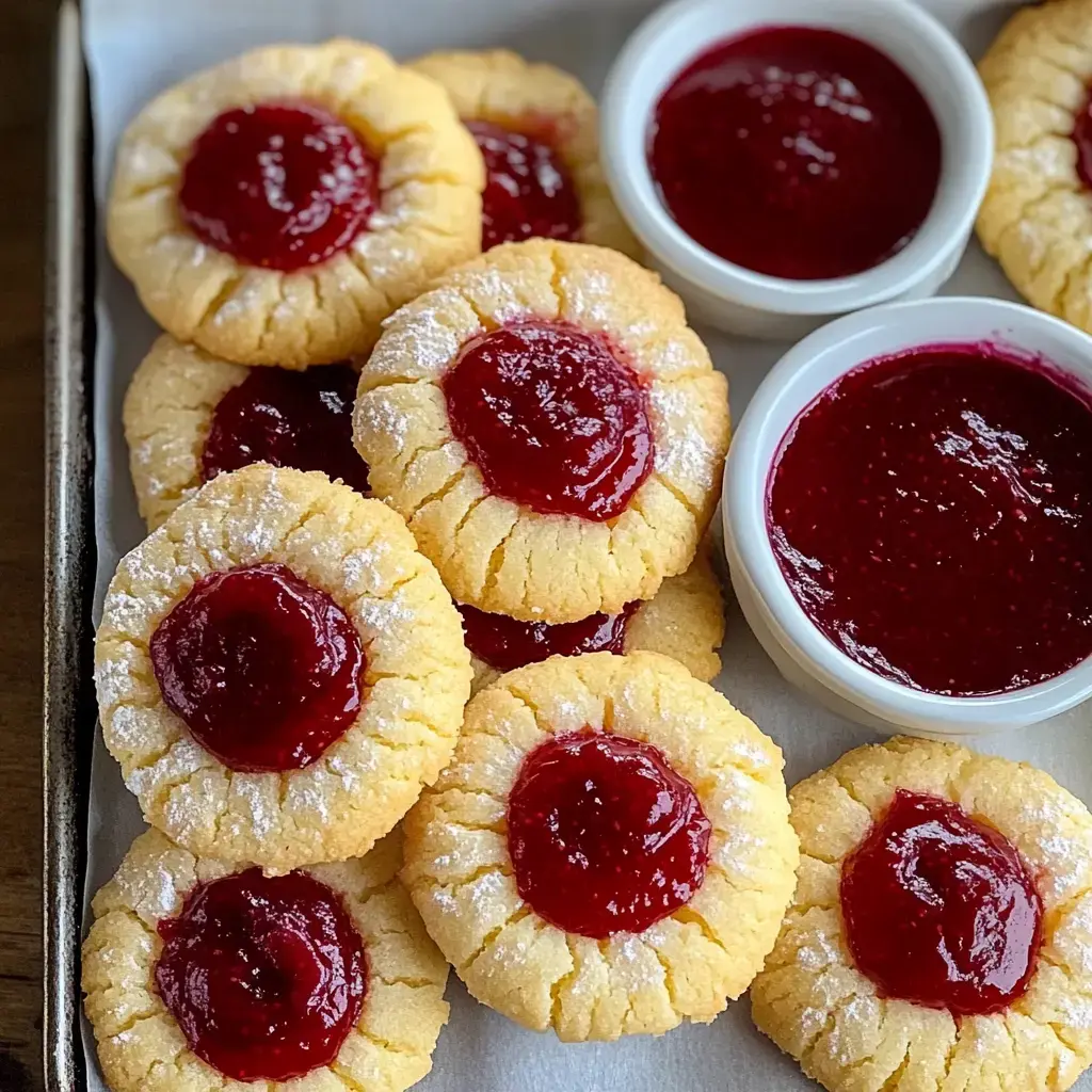 A plate of soft cookies filled with raspberry curd, served alongside small bowls of the curd for dipping.