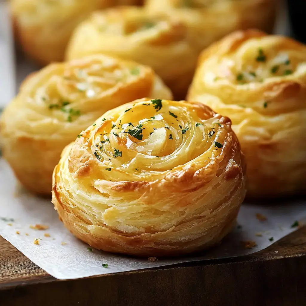 Close-up of baked flaky rolls with herbs on top, showing golden layers.