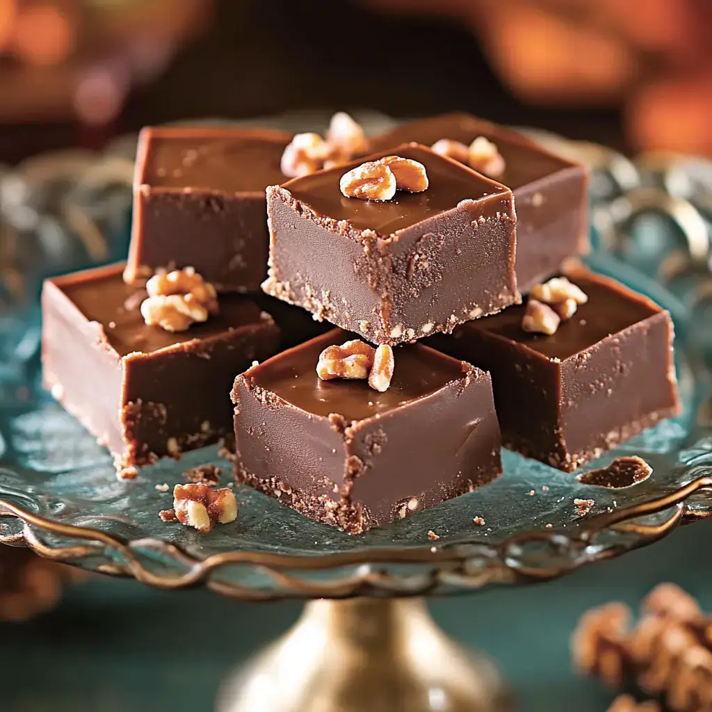 A plate full of chocolate squares, each topped with a walnut piece.