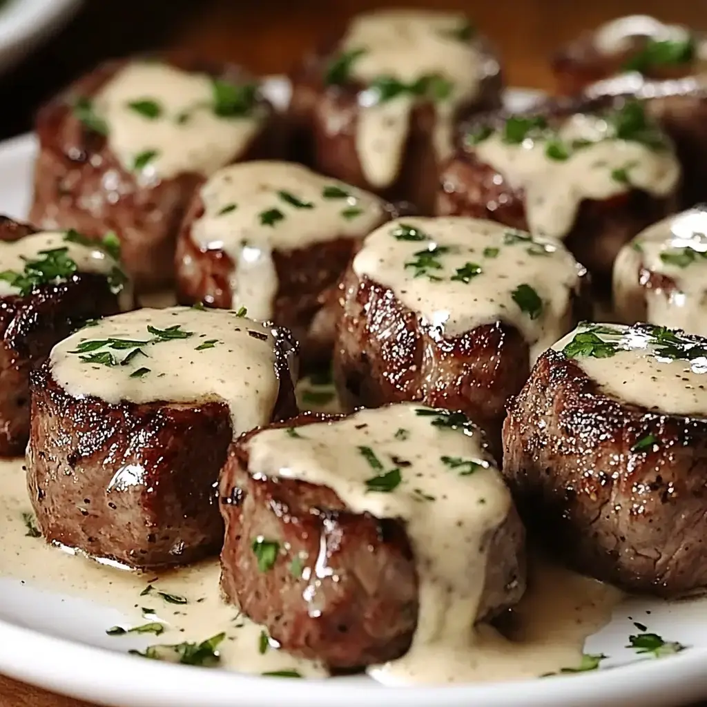 A dish of tender steak pieces covered with creamy sauce and sprinkles of parsley.