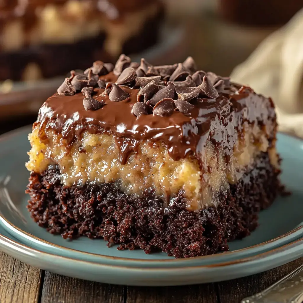 A layered chocolate treat with glossy ganache and chocolate chips, sitting on a blue plate.