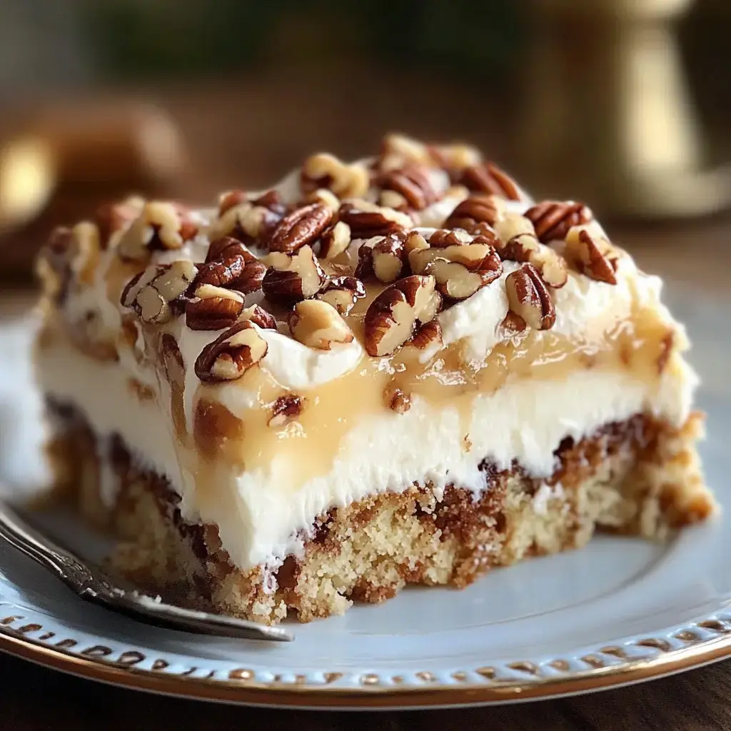 A beautifully arranged dessert slice with whipped cream, caramel drizzle, and chopped pecans on a pretty plate.