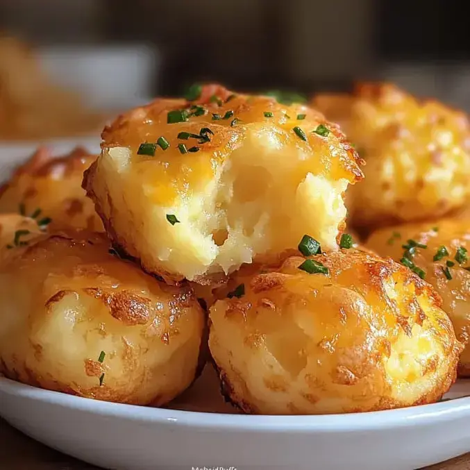 Close-up of cheesy baked potato bites topped with chives, with one showcasing its fluffy inside after a bite.
