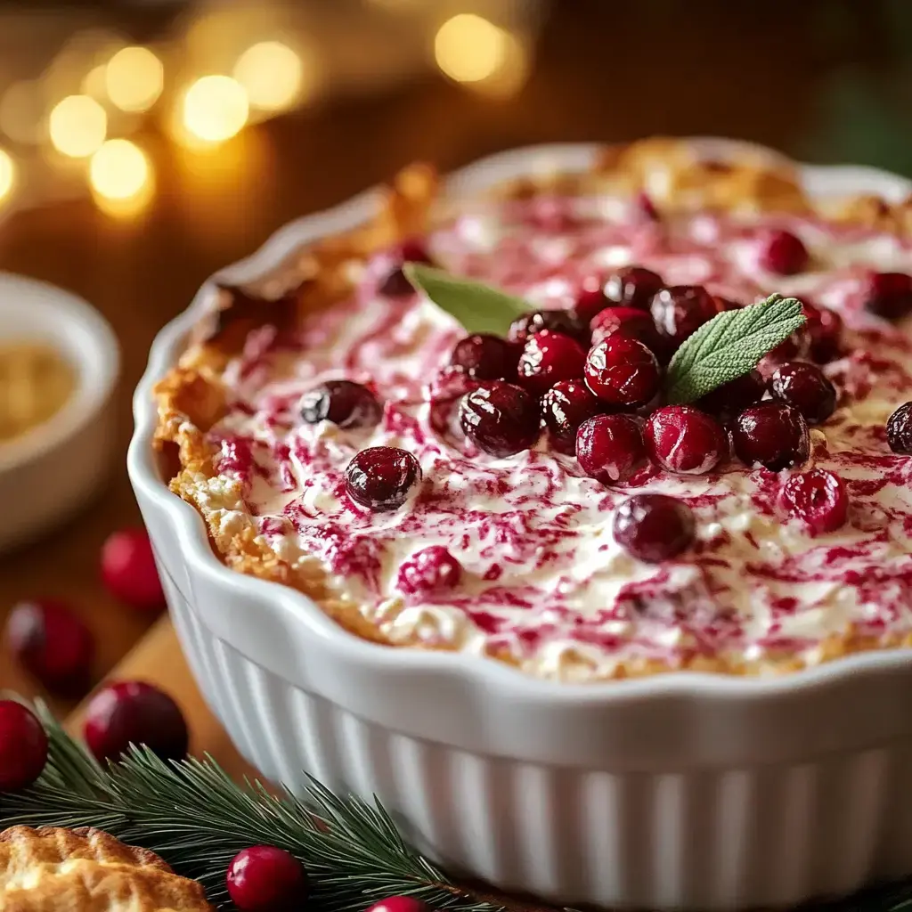 A warm, cheesy dish topped with cranberries and a sage garnish, served in white crockery with holiday decor.