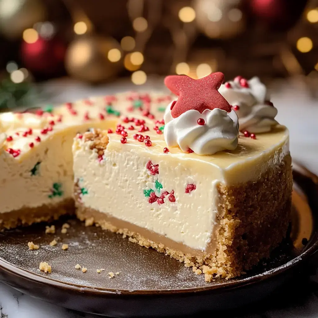 A creamy dessert topped with whipped cream, festive red sprinkles, and a star candy. A slice is missing, showing the smooth layers.
