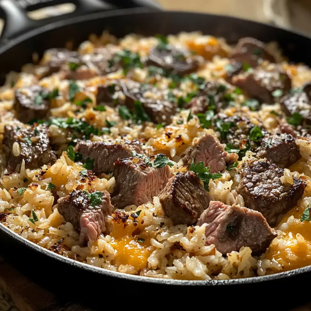 Close-up of a hot skillet filled with golden rice, steak pieces, and a sprinkle of fresh parsley.