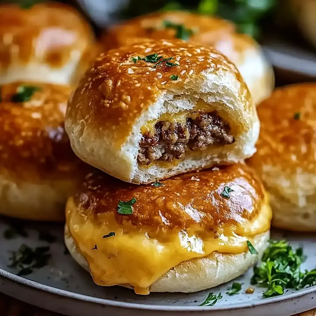 A close-up of a crispy golden bun loaded with beef and cheese, with a bite showing the gooey inside.