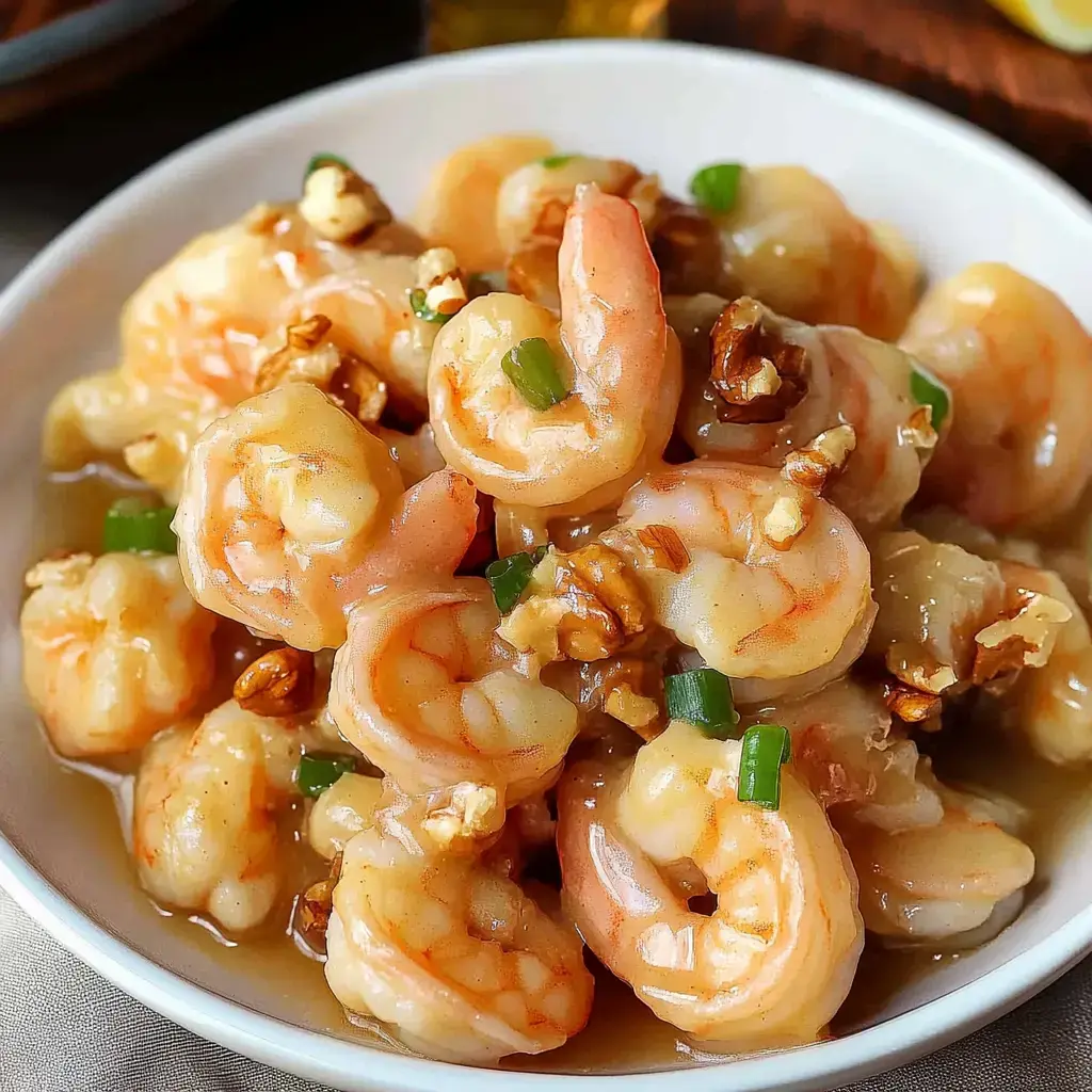 White bowl full of golden shrimp topped with fresh green onion bits and glazed nuts in a creamy sauce.