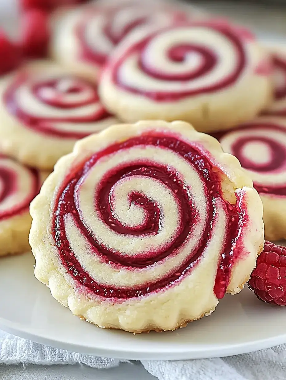 A zoomed-in view of a round, swirly raspberry-filled treat, with similar treats and fresh berries on a white dish.