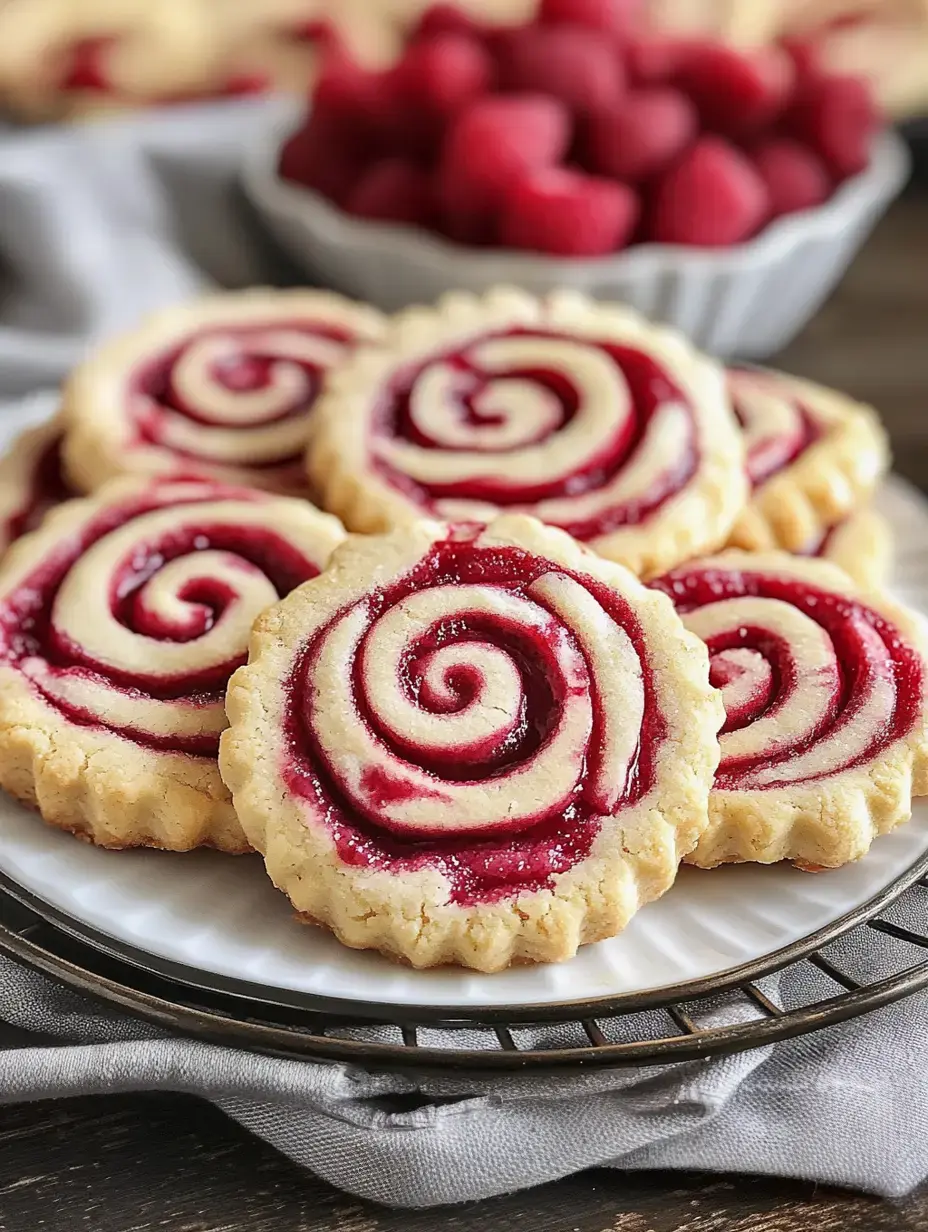 A plate showing spiral-shaped raspberry-filled treats, with a small bowl of fresh berries sitting nearby.