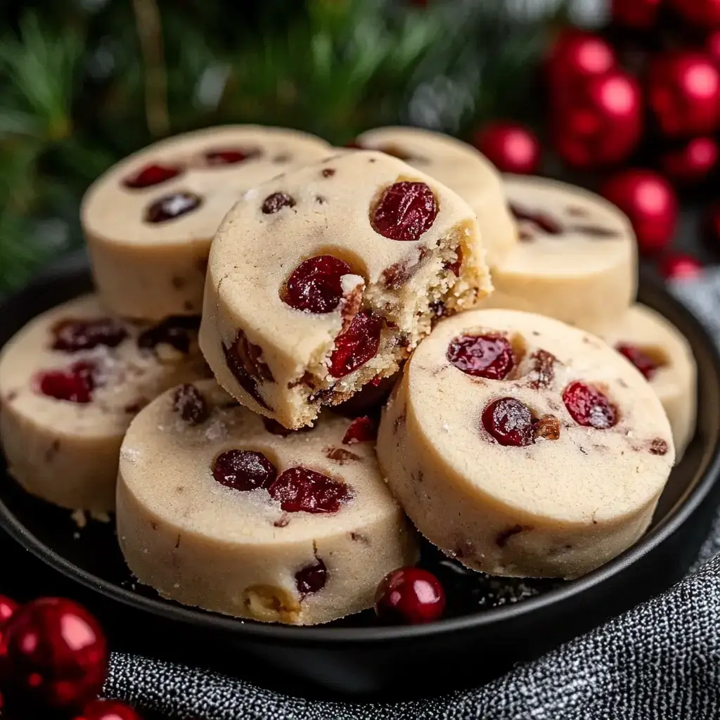 Festive sliced cookies with cherries and nuts displayed on a plate, surrounded by red Christmas decorations and green foliage.