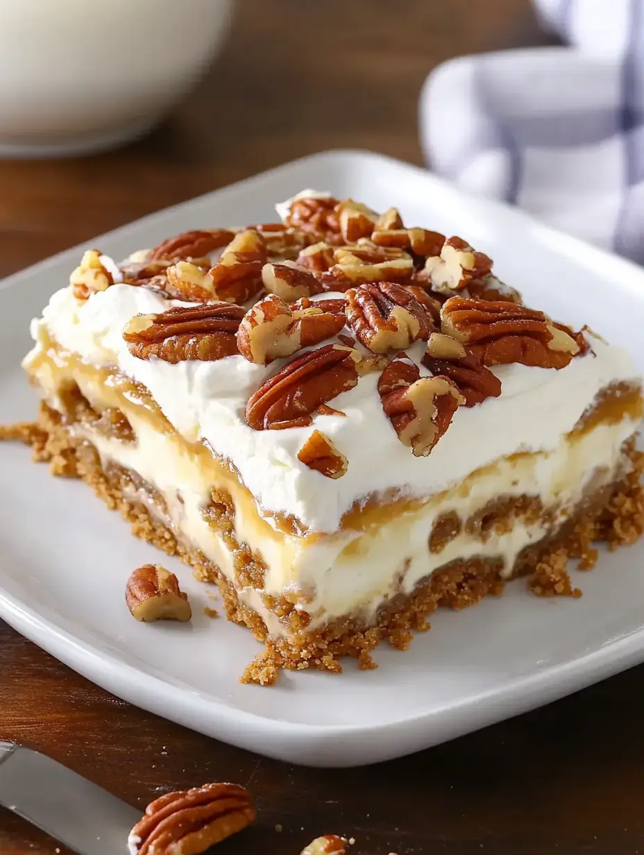 A slice of multilayered sweet treat with graham base, fluffy filling, drizzled caramel, whipped topping, and crushed pecans on a white plate.