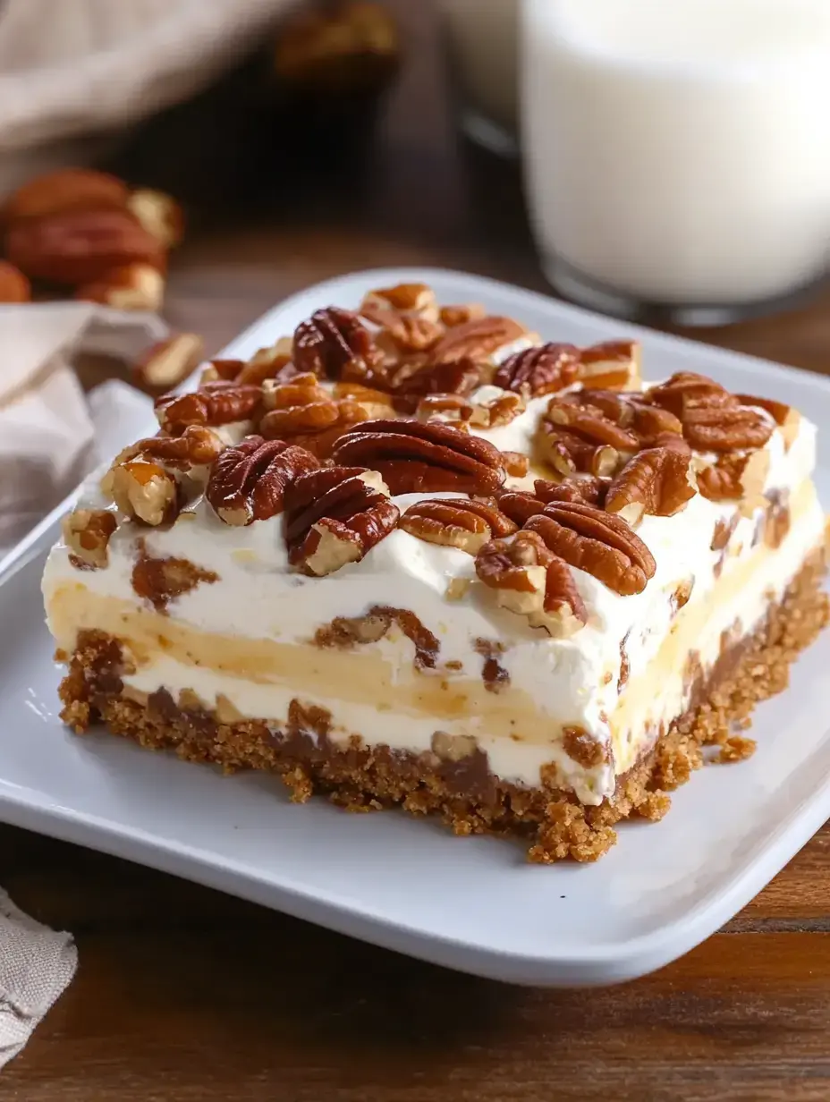 A detailed view of a layered dessert featuring graham cracker base, creamy center, and pecan topping, presented on a white plate.