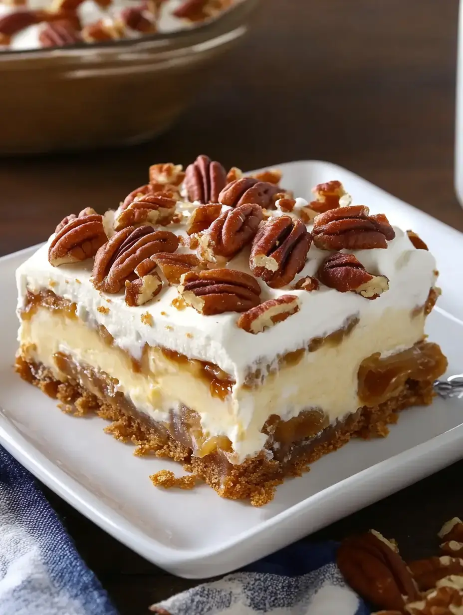 A portion of multi-layer dessert showing graham base, vanilla pudding middle, caramel top and sprinkled pecans, served on a white dish.