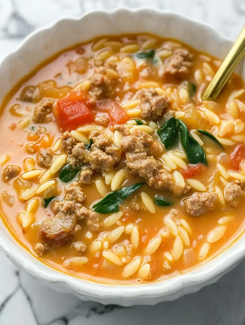 A steaming bowl of chunky soup with orzo pasta, crumbled meat, tomato chunks, and wilted spinach in rich broth.