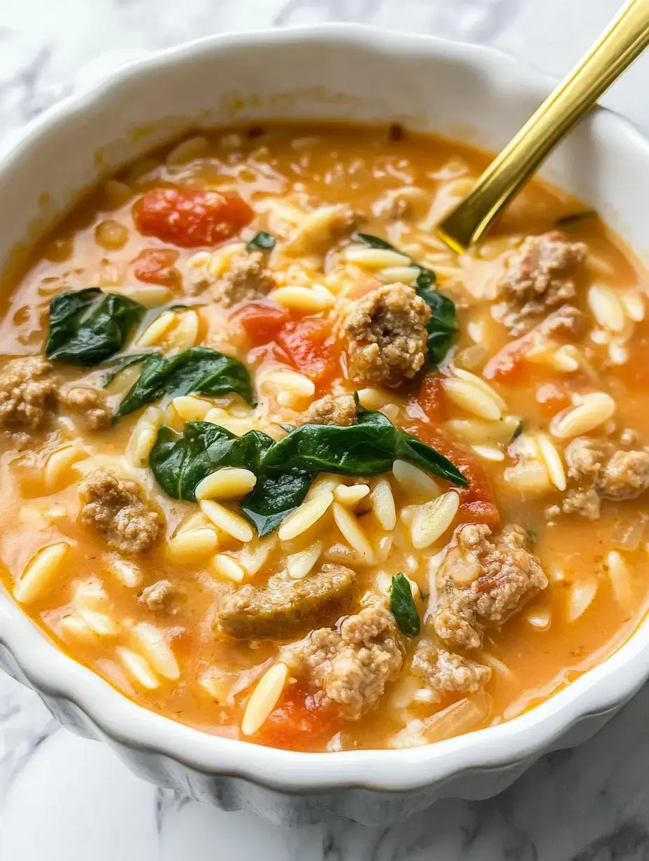 Close view of white bowl containing hearty soup with tiny pasta, sausage crumbles, diced tomatoes and green spinach, with gold spoon visible.