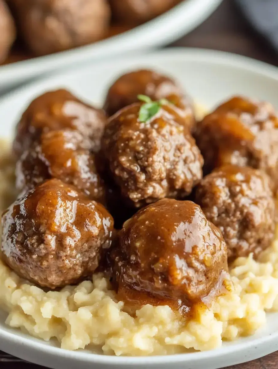 A delicious serving of gravy-smothered meatballs atop fluffy whipped potatoes on a dinner plate.