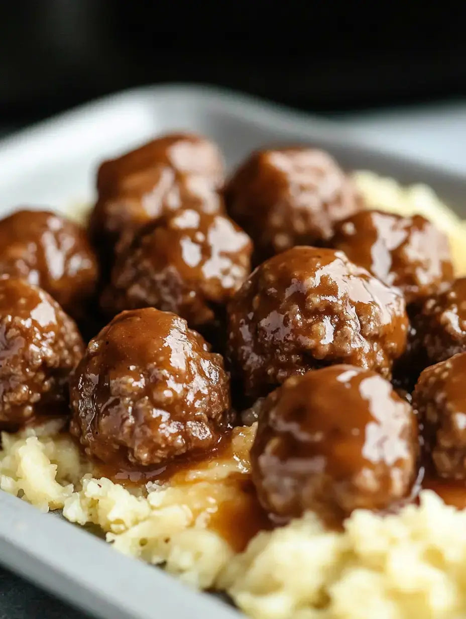Hot meatballs drenched in savory gravy nestled on a bed of creamy potato mash.