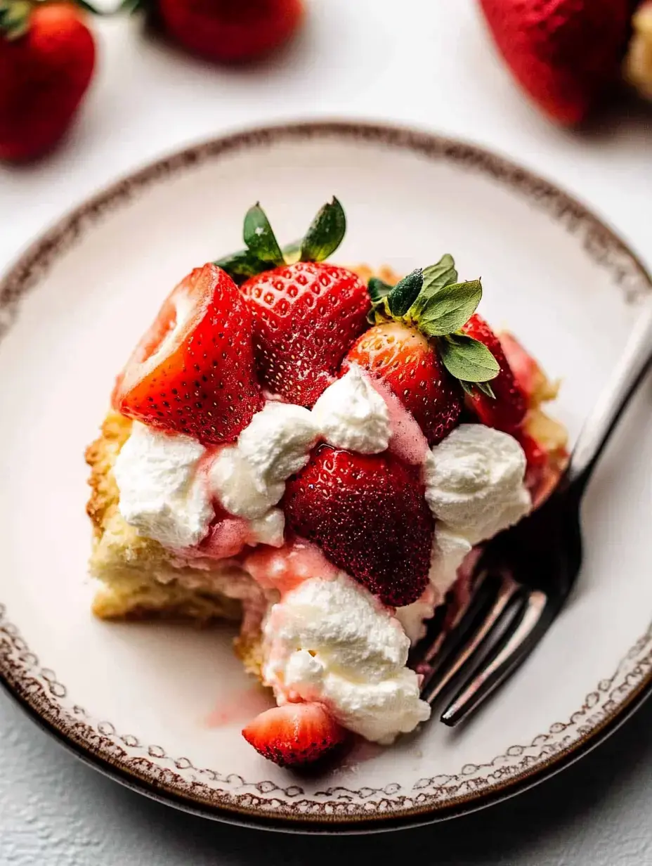 A slice of cake topped with fresh strawberries and whipped cream on a decorative plate.