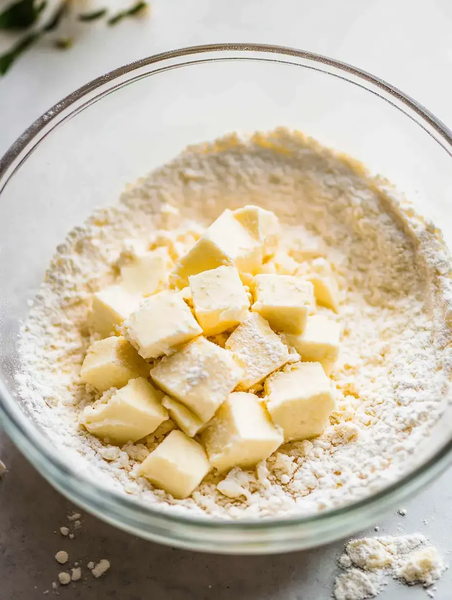 Cubes of butter are placed in a bowl of flour, ready for mixing.