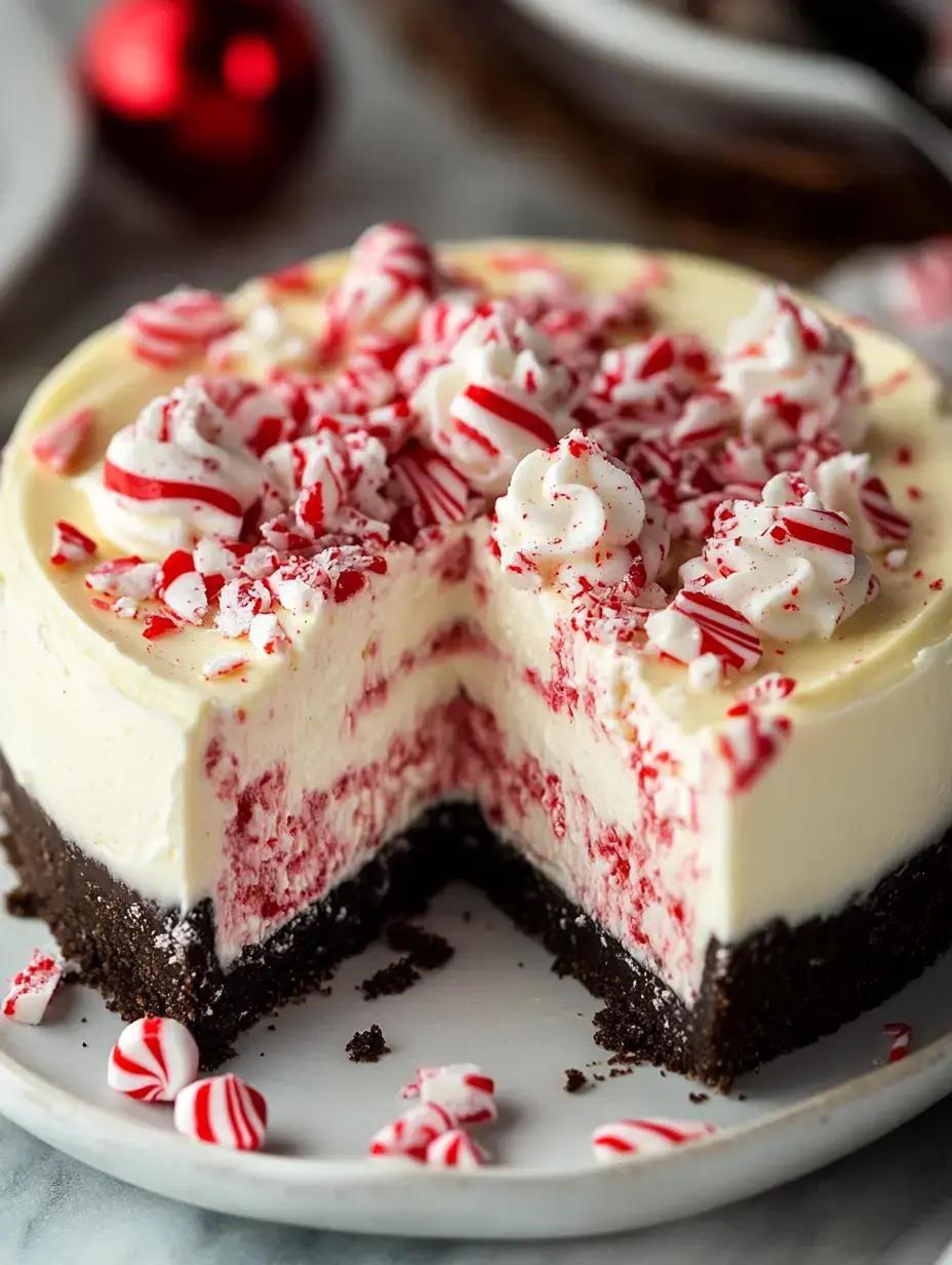 A sliced peppermint layered cheesecake with dark cookie base and cream topping, garnished with crushed candy pieces.