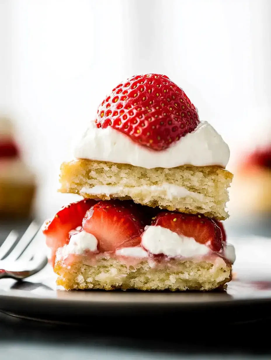 A slice of layered dessert featuring strawberries, whipped cream, and cake on a dark plate.