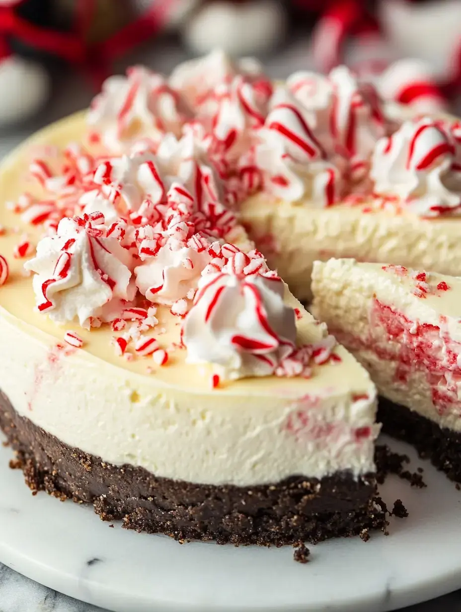 A holiday cheesecake with swirled topping and candy bits, shown partially cut on a marble serving plate.