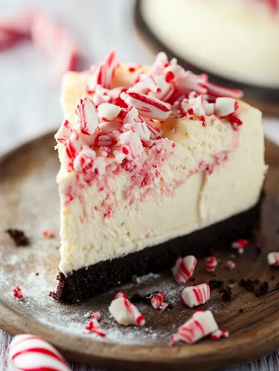 A portion of mint cheesecake with dark base, topped with peppermint pieces, displayed on a wooden serving dish.